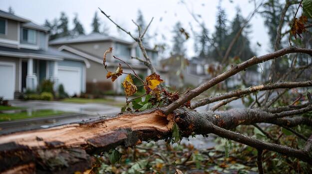 Storm-damaged branch down in a suburban yard after a wind event